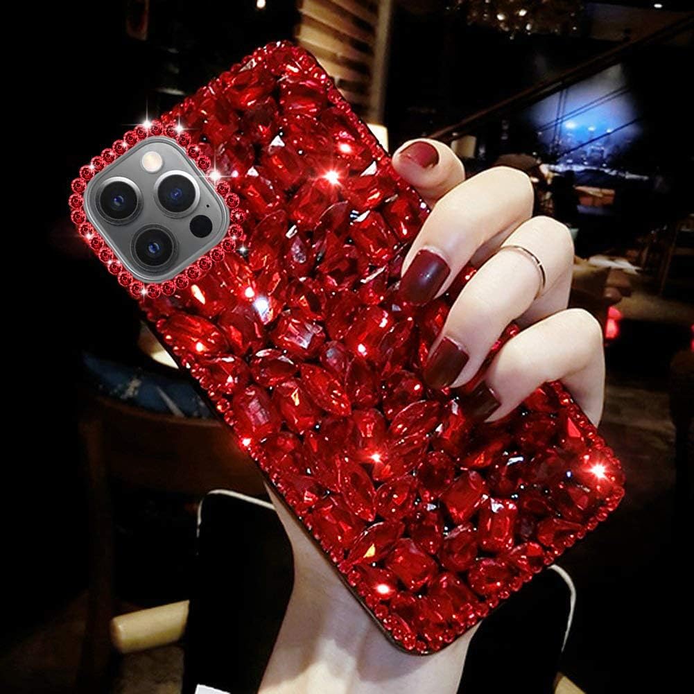 Case for iPhone 12 Pro Max Diamond Case,3D Handmade Bling Rhinestone Diamonds Luxury Sparkle Rhinestones Case Girls Women Full Crystals Bling Diamond Case Cover for iPhone 12 Pro Max,Red