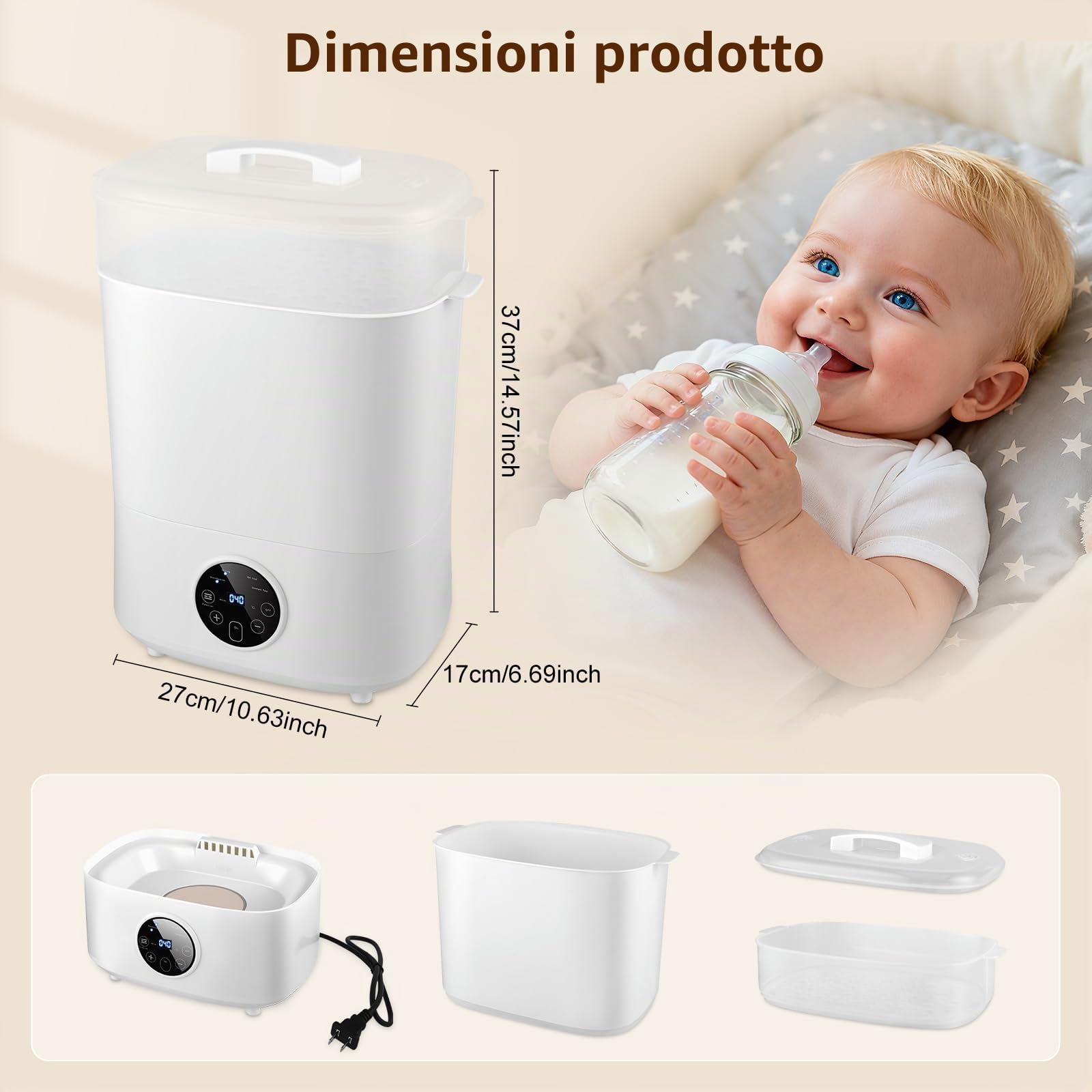 Sterilizzatore per biberon, sterilizzatore per biberon, 5 in 1: sterilizzare, asciugare, sterilizzare e asciugare auto, riscaldare il cibo, tenere al caldo le bottiglie, capacità 8 bottiglie, 24 ore