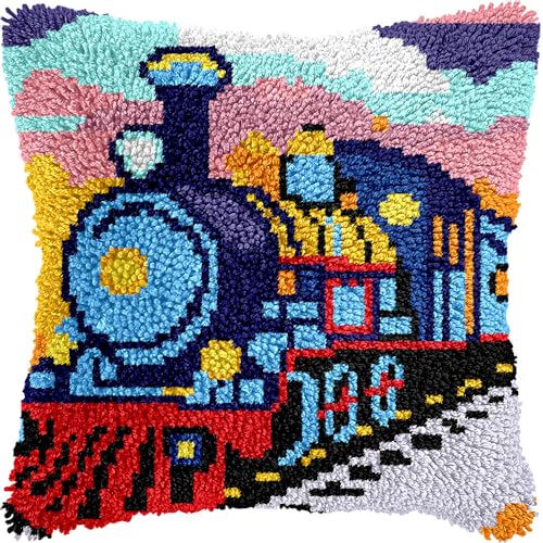Image of LUBOT Train Latch Hook Kits for Adults Rug Pillow Cover with Printed Canvas Pattern Crochet Kit for Beginners 17 inch X 17 inch