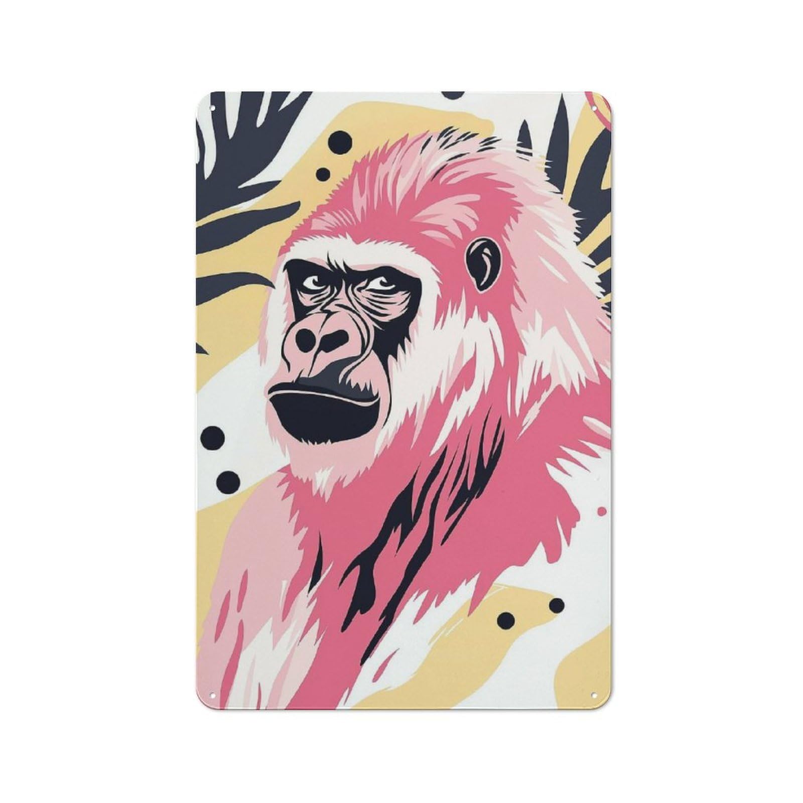 Metal Plaque with Pink Gorilla Portrait with Abstract Background Design 30x20cm, Retro Kitchen Wall Decor for Bakery, Diner, Cafe Or Family Room