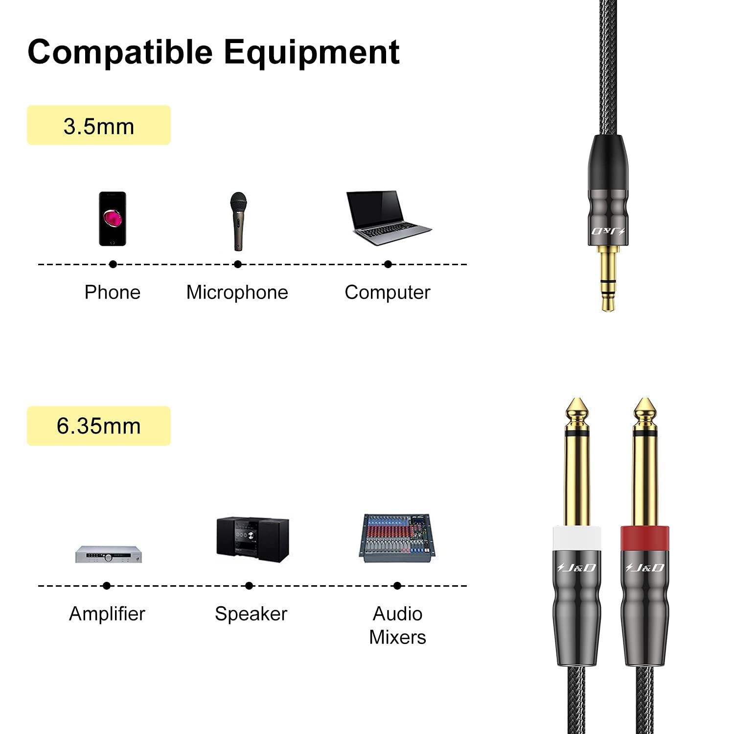 J&D Kabel jack 3,5 mm na 2 x 6,35 mm 3 m, 3,5 stereo AUX do 2 x męskich, duży adapter audio mono Y rozdzielacz do miksera, wzmacniacza, miksera, nagrywarki audio, gitary