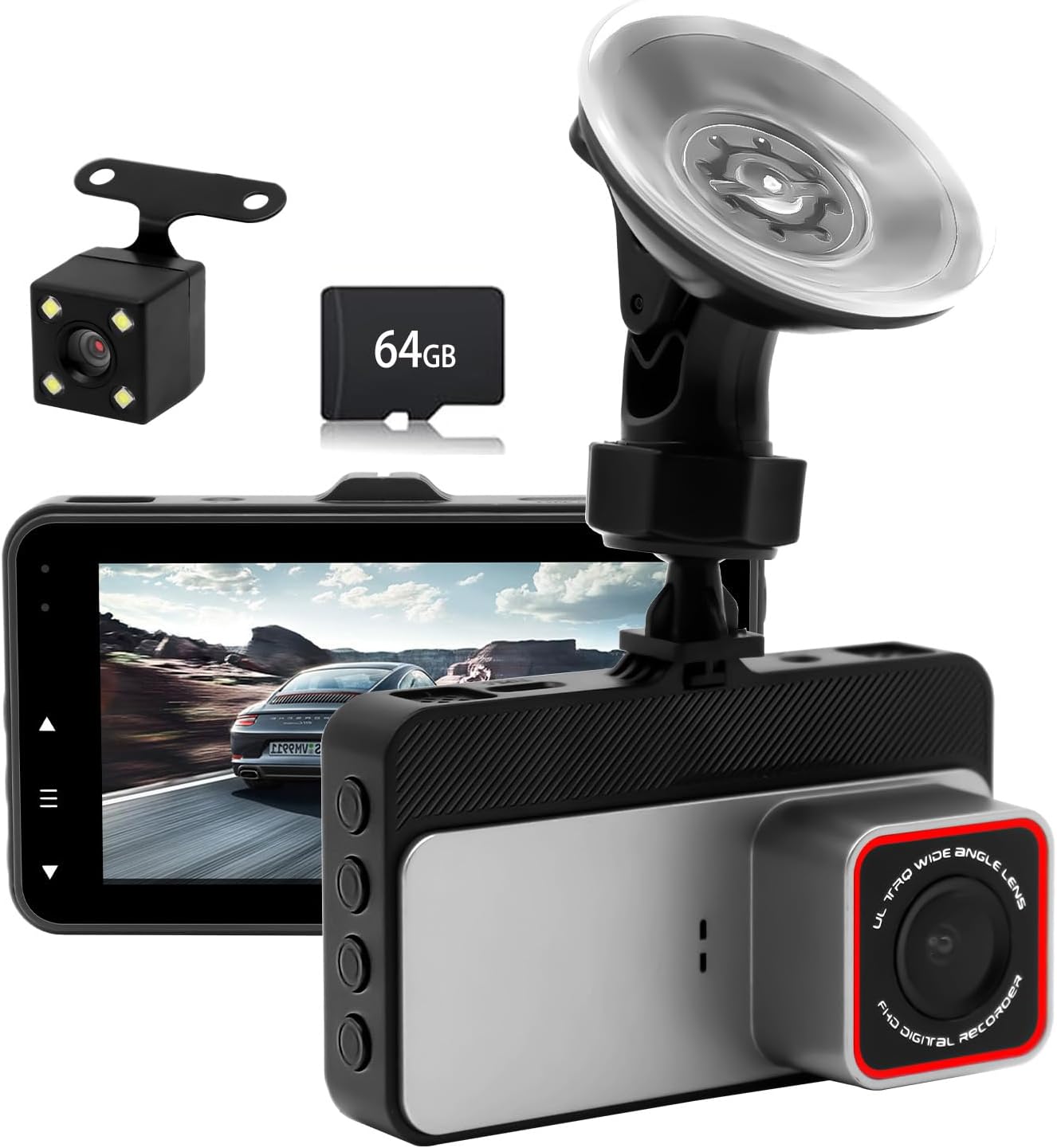 ドライブレコーダー 前後カメラ 1440P 3インチ液晶画面 170度超広角 HD画質 耐熱構造 小型ドラレコ 64GBカード付き HDR/WDR画像補正技術 上書き録画 常時録画 動体検知 夜間撮影 エンジン連動 回路保護 高速録画 操作簡単-TSG500