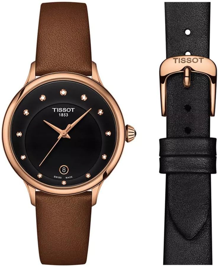 Tissot Womens Odaci-T 316L Stainless Steel case with Carnation Gold PVD Coating Swiss Quartz Watch, Brown, Leather, 15 (T1332103605600)