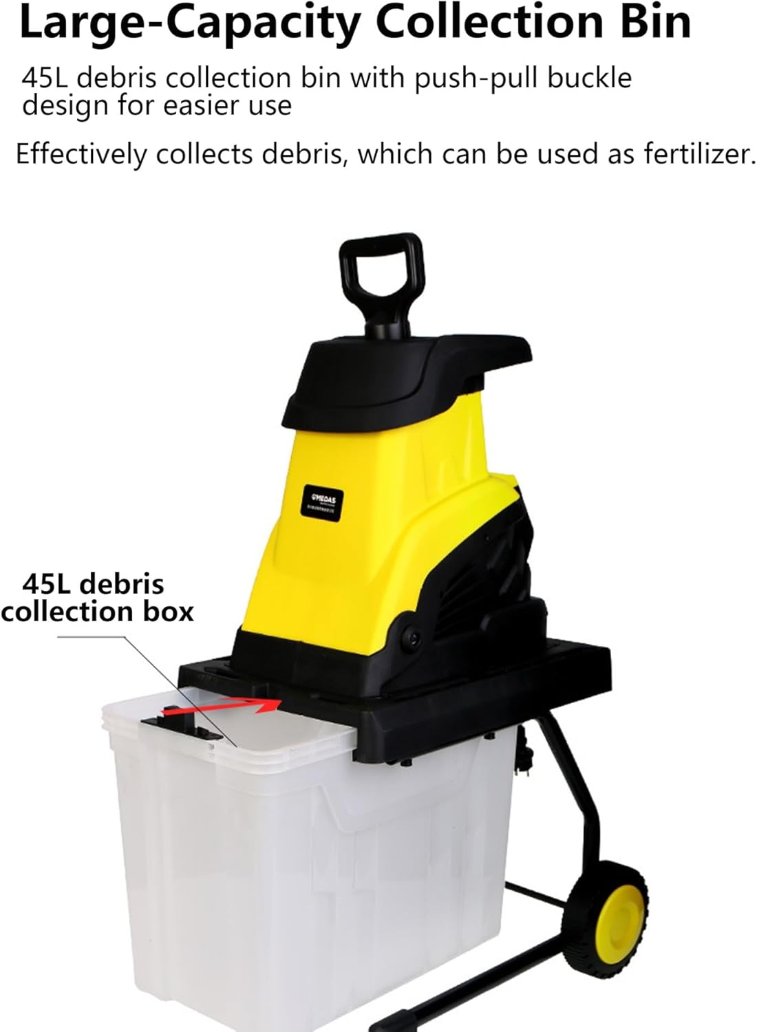 Electric Wood Chipper Shredder 1.77” Cutting Capacity 45L Collection Bin 4500RPM Mulcher for Yard Waste Branches Leaves