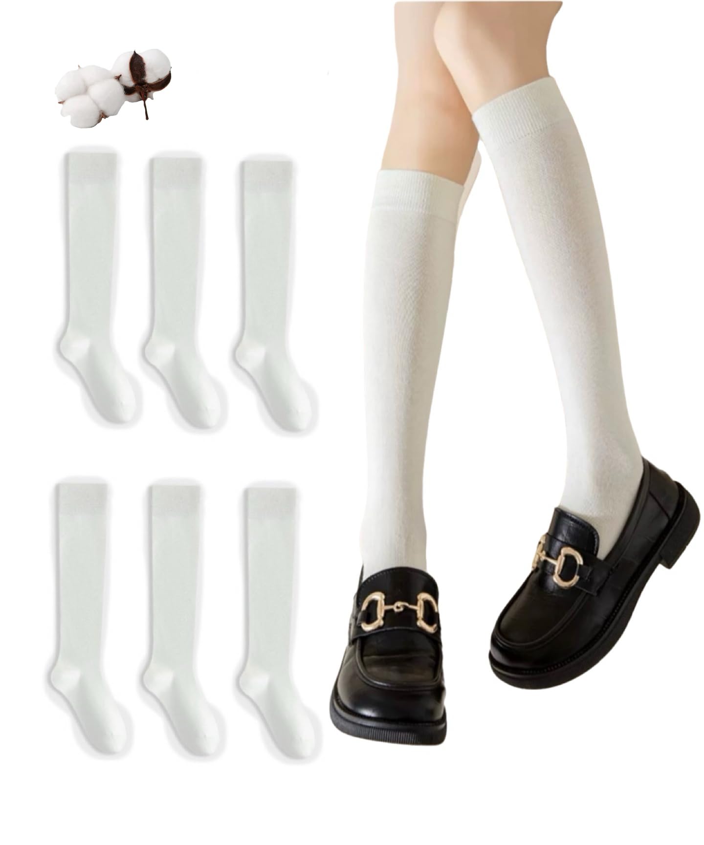 CYS Calcetines 6 Pares De Colegio Escolares Medias Largos Altos Algodón Hasta rodillas Lisos Para Niñas Niños Infantiles Uniformes Unisex