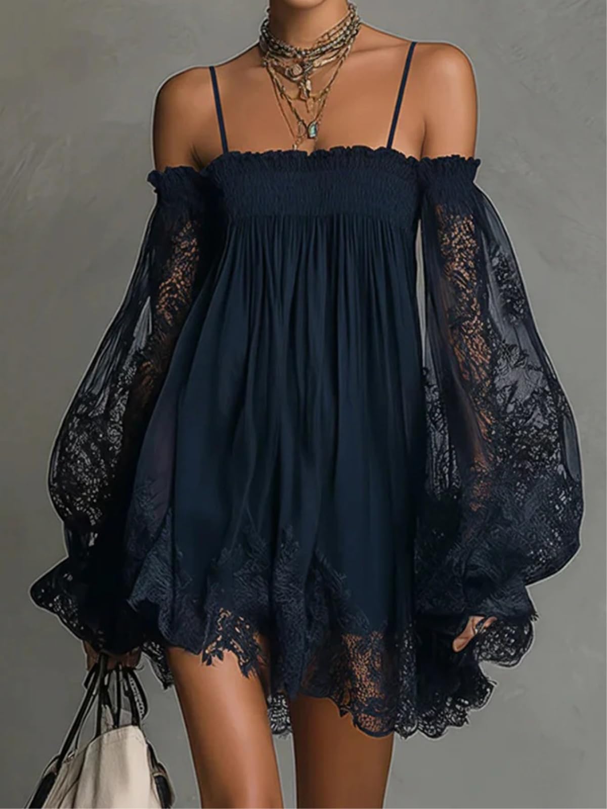 Minigonna Donna Fuori Spalla Pizzo Mini Abito Manica Lunga Boho da Festa, Affumato Collo Trasparente Lanterna Sciolto Abito-Green-s