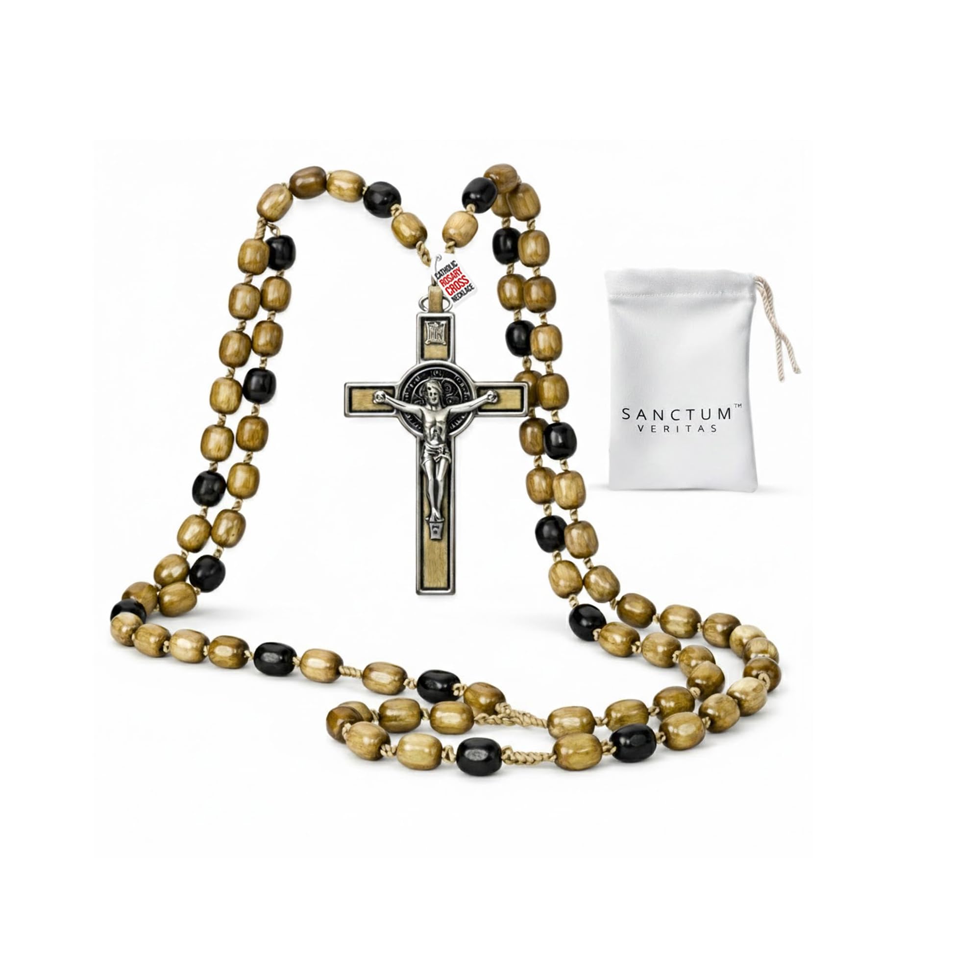 SANCTUM VERITAS Catholic Rosary Necklace | Large Bead Italian Rosary, Christian Prayer Beads for Car Mirror Decor, First Communion Religious Gift for Men and Women, Catholic Keepsake (Olive Wood)