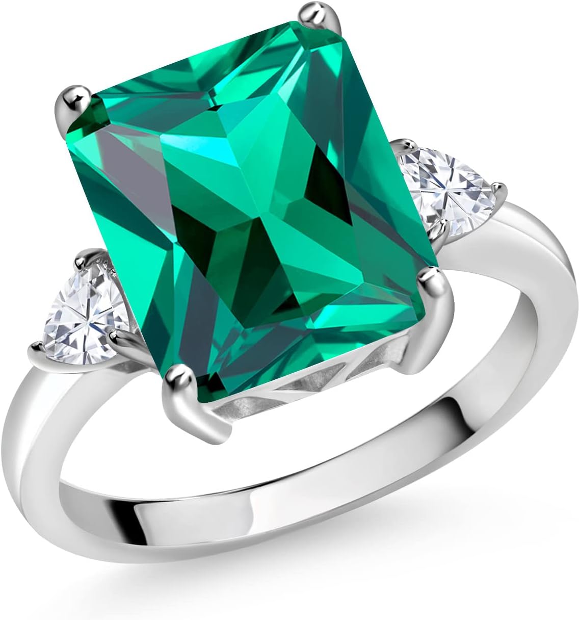 Gem Stone King 5-7 Ctw Gemstone Birthstone and Moissanite 3-Stone Ring for Women | 925 Sterling Silver | Emerald Cut 12X10MM | Wedding Anniversary Engagement Ring
