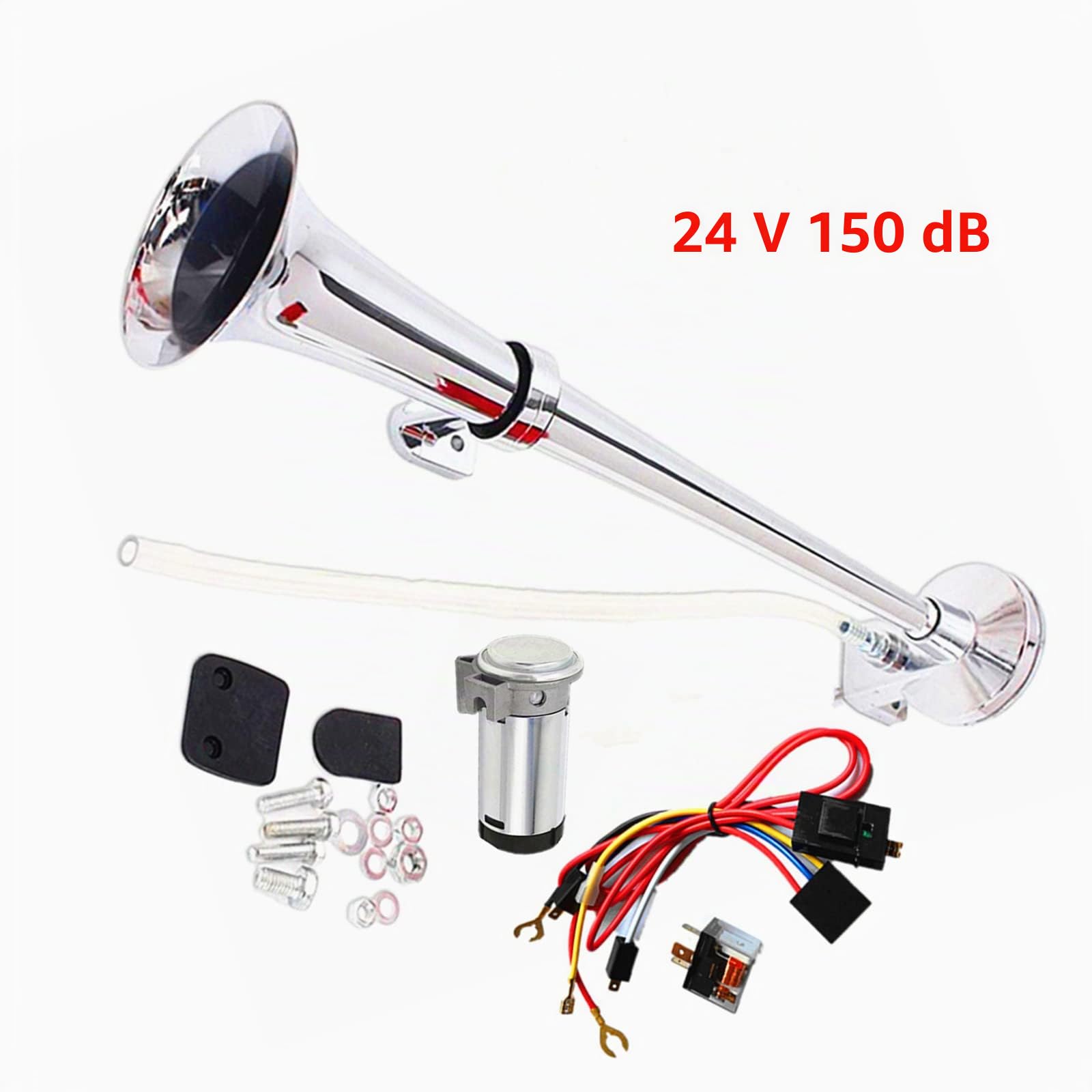 Klaxon d'air de voiture Car Horn 150DB Klaxon de voiture 24V Klaxon de camion 18 pouces Chrome Zinc trompette simple argent Klaxon de pompe à air Horn pour 24V Car Train voiture Bateau ect