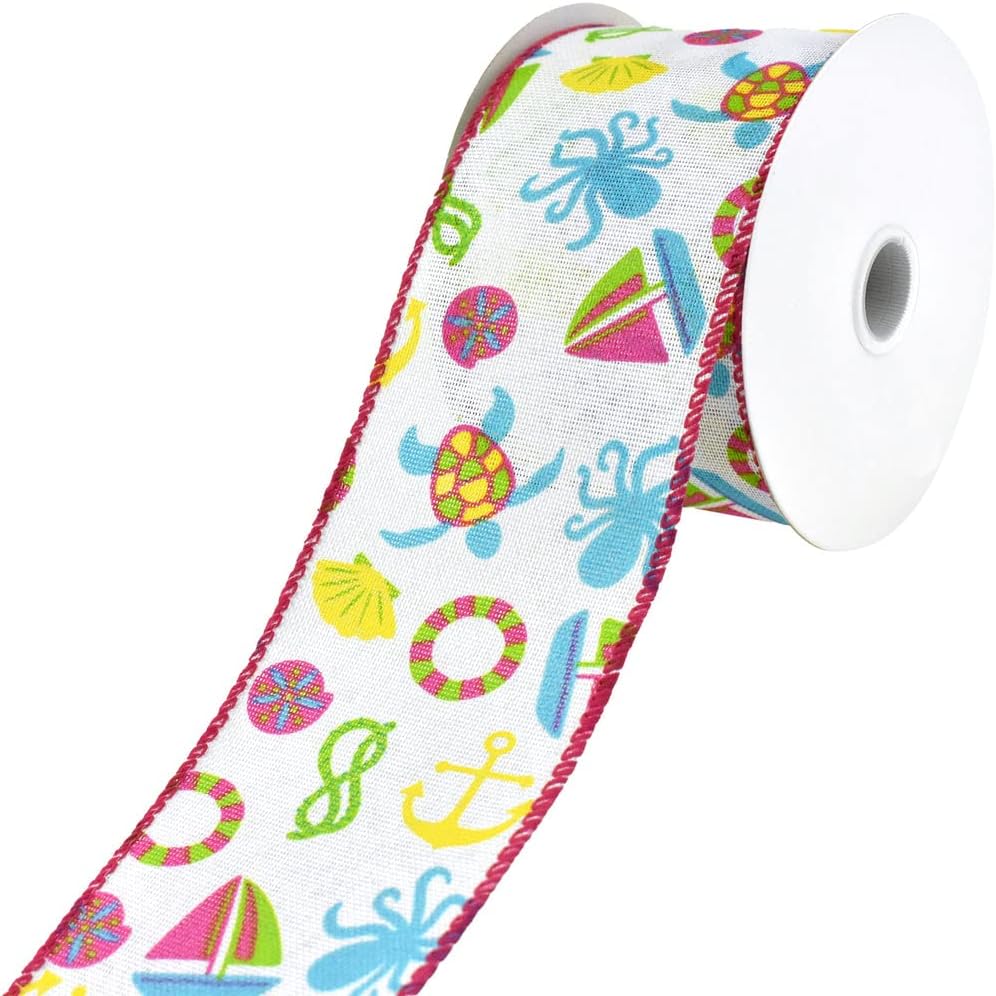 Homeford Nautical Seaside Icons Faux Linen Wired Ribbon, 2-1/2-Inch, 10-Yard - Fuchsia