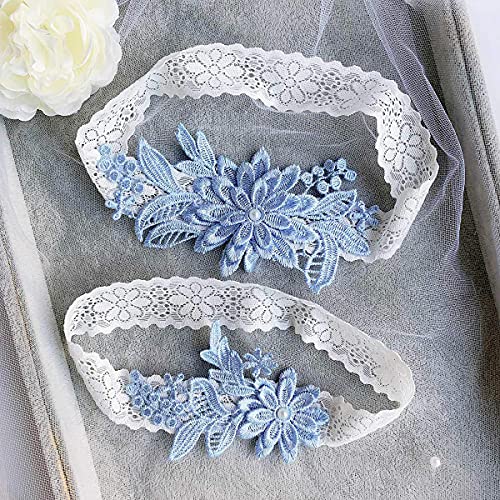 Wedding Garters For Bride Daisy Lace Bridal Garter Hand Sewn Faux Pearls Garter Set 2 Pieces (Sky Blue) #TOP2