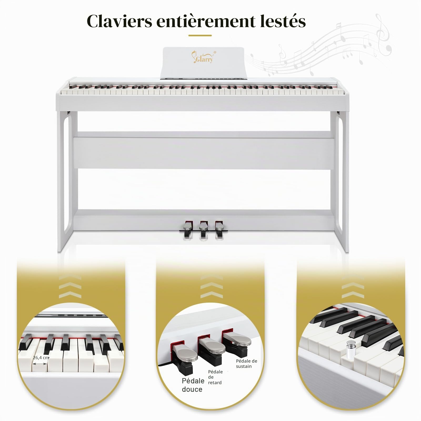 Glarry Piano numérique 88 touches lestées avec casque, marteau complet lesté, clavier électrique lourd, clavier piano avec unité à 3 pédales, double Bluetooth (blanc)