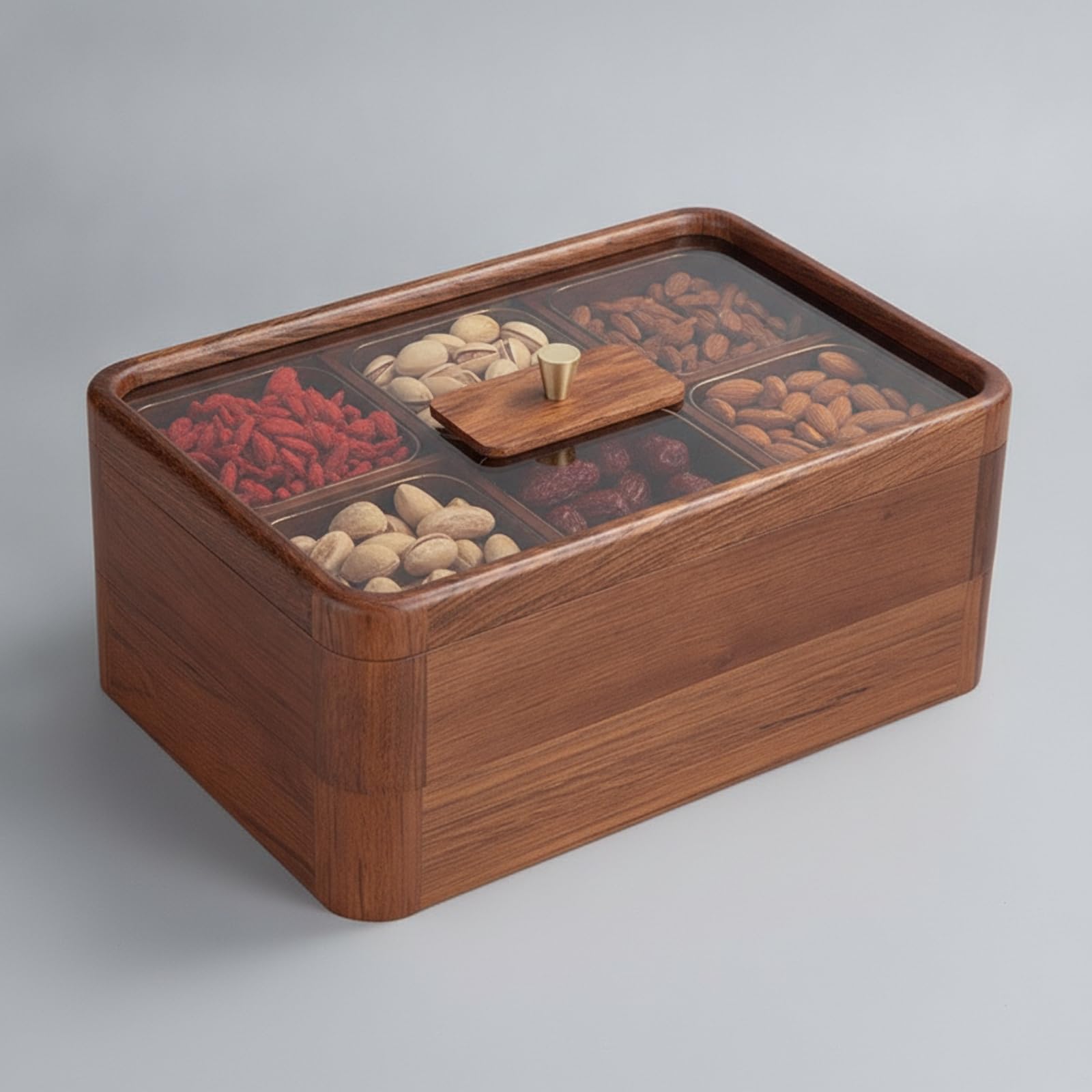 Plateau Service en Bois avec Couvercle Transparent et 6 Casiers pour Présenter Bonbons et Fruits Secs sur la Table