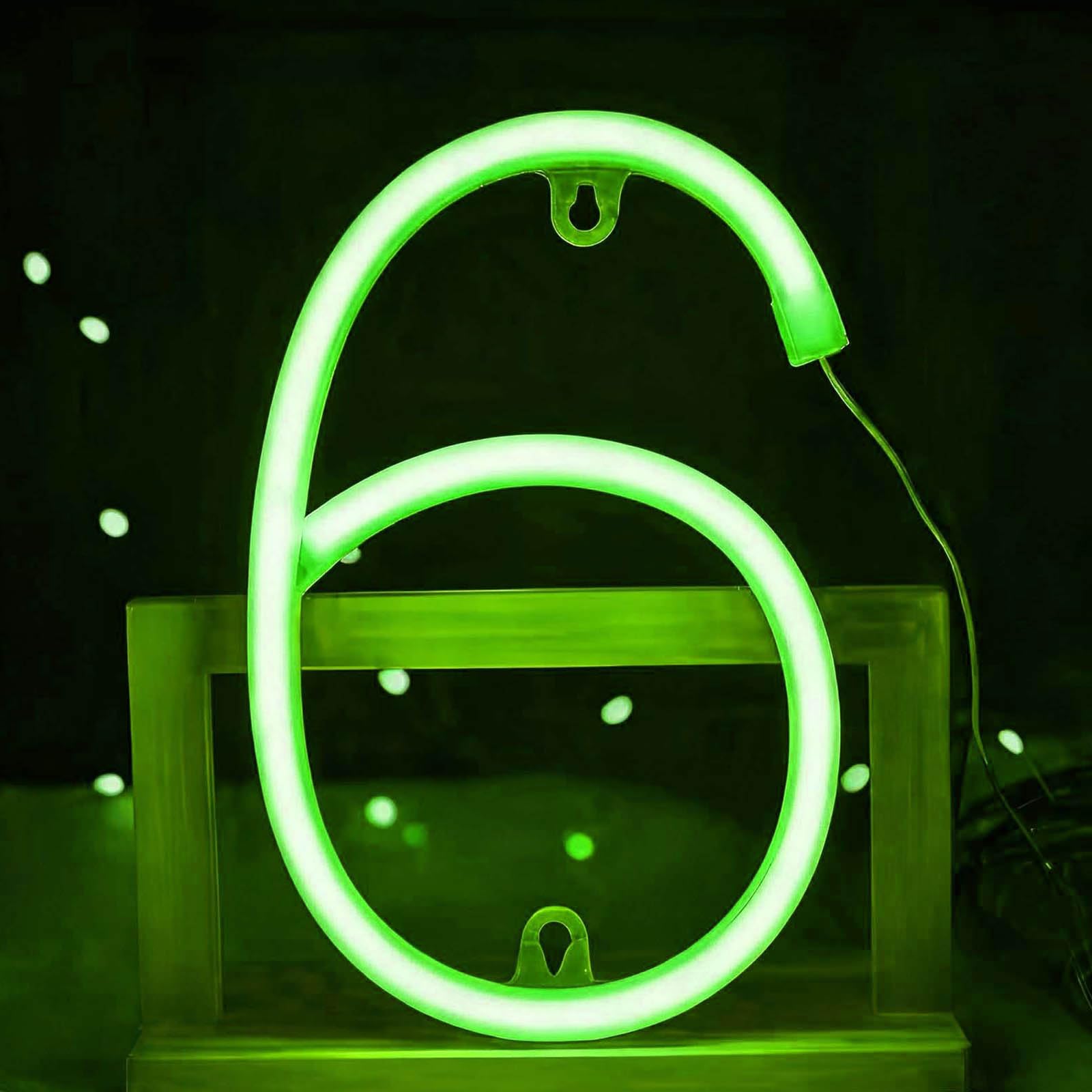 Modern Green Arabic Numeral LED Neon Sign - Portable Battery/USB Powered for Bedroom Night Light Coffee Shop Wall YouTube Studio & Anniversary Gifts（No.6） — image 1