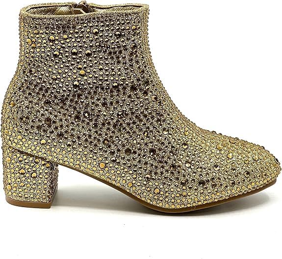 Forever Girls Rhinestone Boots Kids Low Heel Dress Booties Iceberg-12K Shoes Gold Rhinestone 2