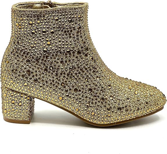 Forever Girls Rhinestone Boots Kids Low Heel Dress Booties Iceberg-12K Shoes Gold Rhinestone 23