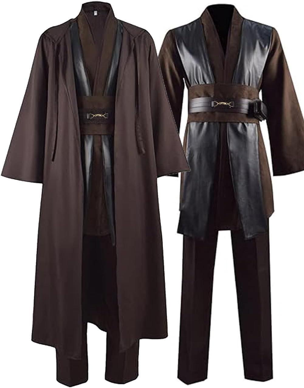 Men's Costume Cosplay Hooded Robe Tunic Belt Halloween Leather Shoulder Strap Brown Suits