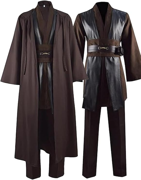 Men's Costume Cosplay Hooded Robe Tunic Belt Halloween Leather Brown Suits