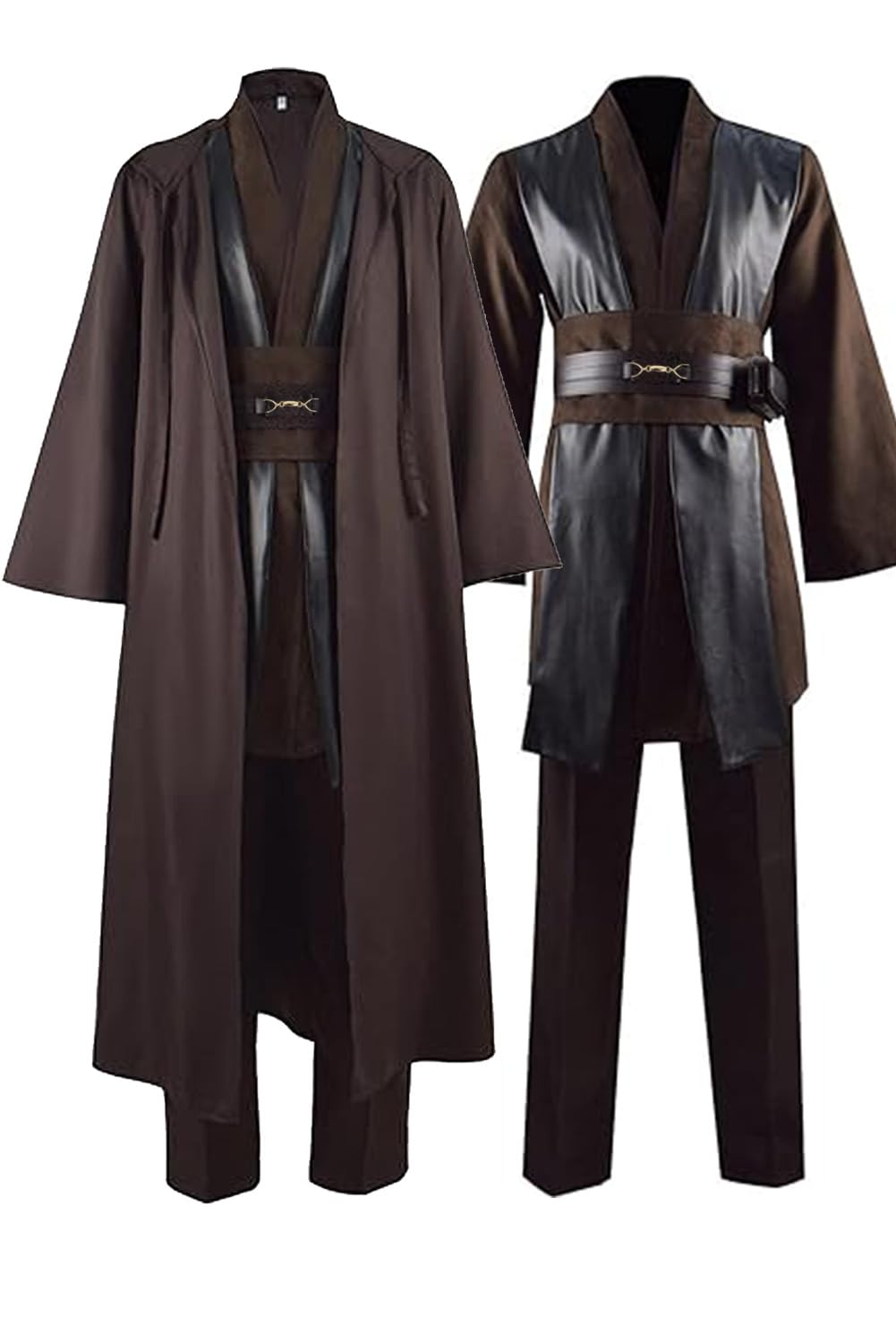 Men's Costume Cosplay Hooded Robe Tunic Belt Halloween Leather Shoulder Strap Brown Suits
