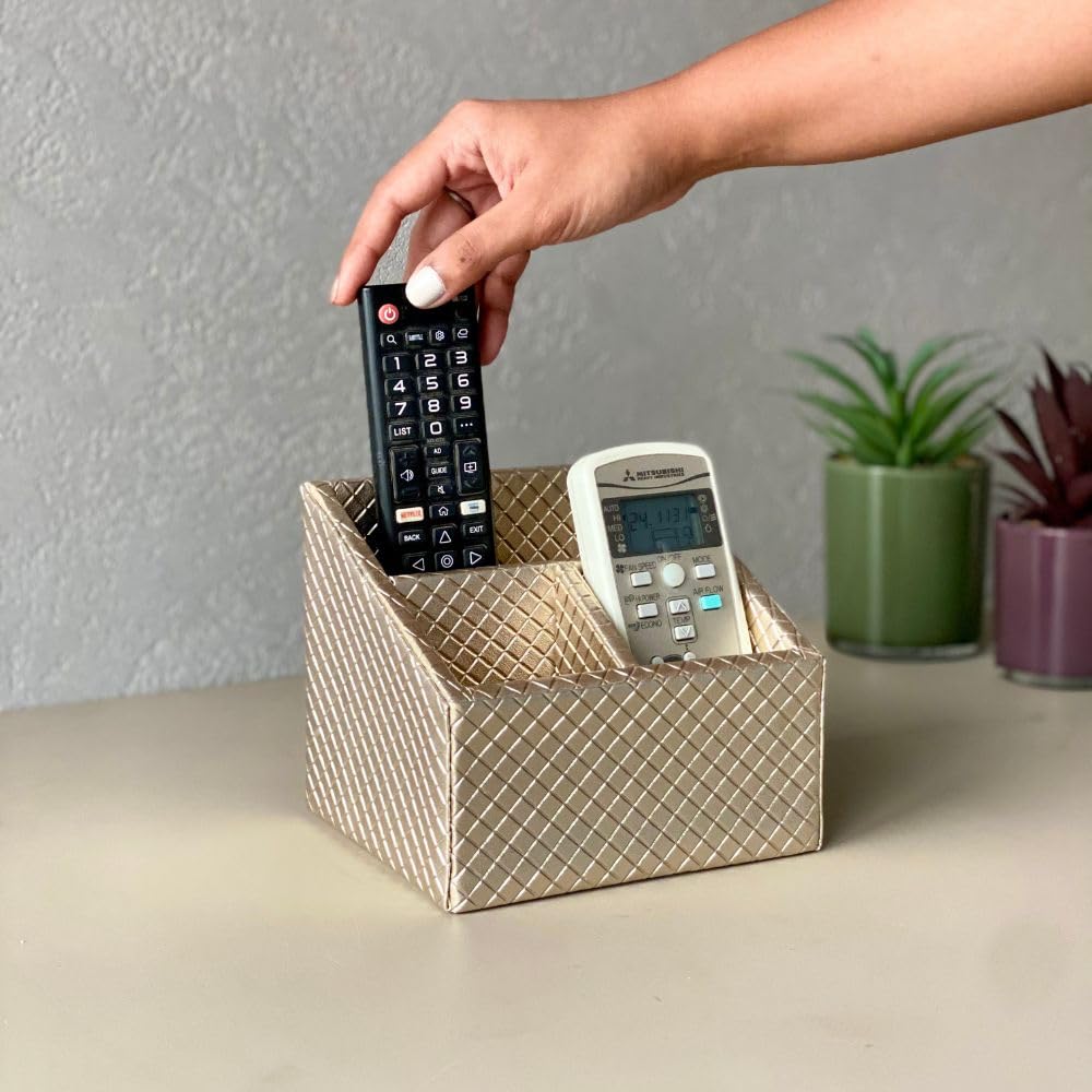 MASON HOME Vegan Leather & Mdf Braided Gold Remote Holder - 1Pc - L 6.25" x B 5" x H 5"|Decorative Multifunctional Space Saving Organizer Stand|Rom - Table - Desk|AC TV Controller - Gadgets,Stationary
