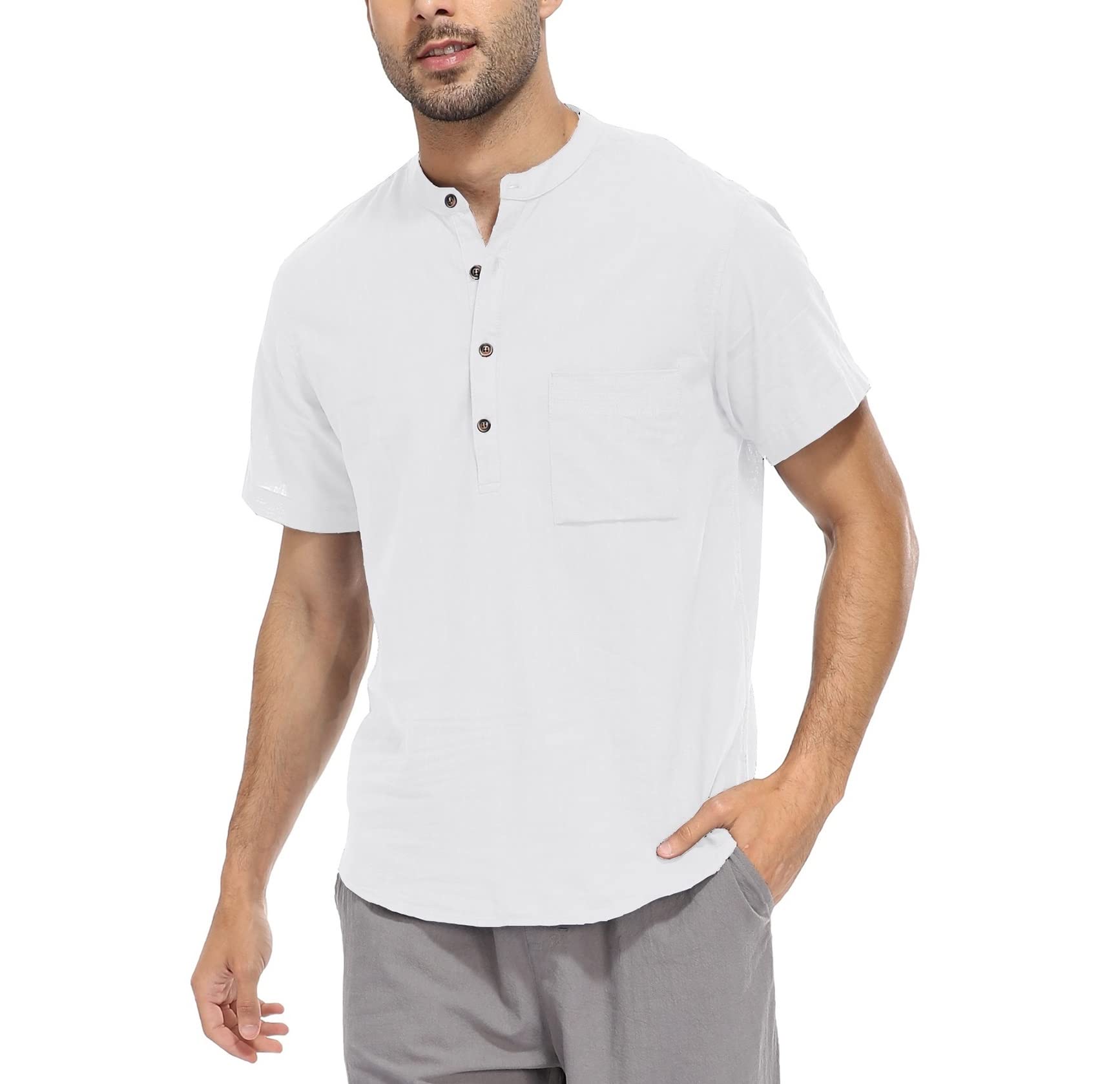 WAZZAP Camisa Henley de Lino y Algodón para Hombre Manga Corta Verano Casual Hippie Playa Camisa