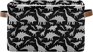 Oyihfvs Seamless Grey Dinosaurs on Dark Pattern 1 PC Rectangle Storage Basket Collapsible Fabric with Leather Handles Bag Organizer Clothes for Home Bedroom 15 x 11 x 9.5 in