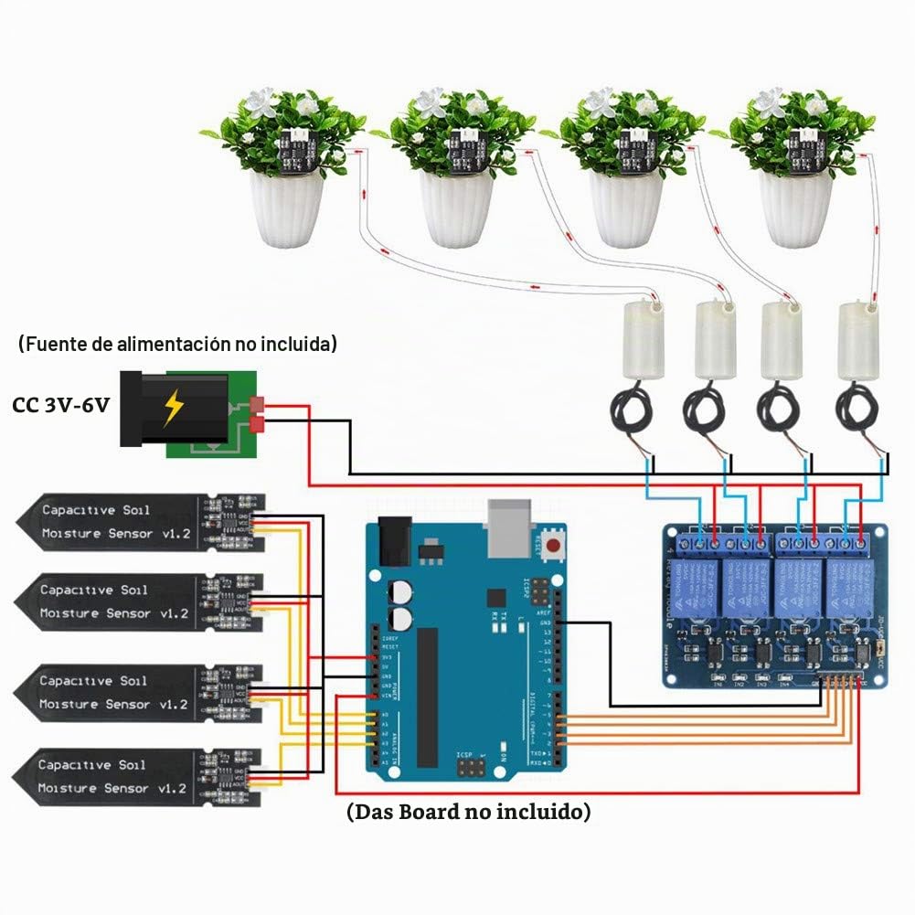 Sistema de Riego Automático DIY Kit, Desarrollo Placa + 4 Canal 5V Relé + 4pcs Sensor de Humedad del Suelo + 4pcs Mini Bomba de Agua DC 3V 5V + 5M Tubería Agua PVC + Jumper Cable