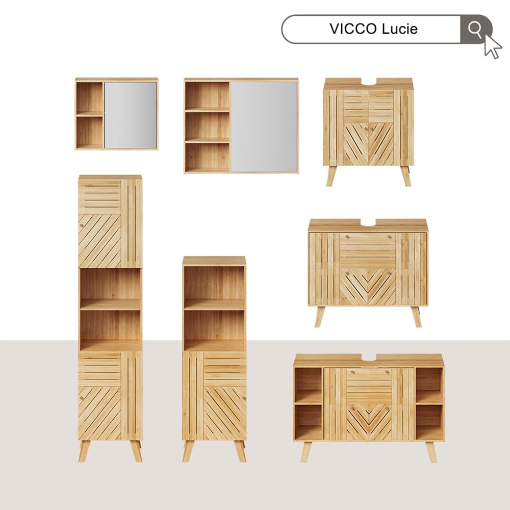 Vicco Meuble sous Vasque Simple Lucie, Bambou, 100x65cm avec 2 tiroirs, Convient au Rangement Peu encombrant des Accessoires de Salle de Bain