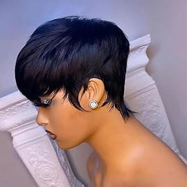 PangDongLai Chic Pixie Cut Human Hair Wigs for Black Women Natural Black Color for Everyday Use Short Layered Pixie Cut Wig with Bangs Glueless Full Machine Made Short Wigs for Women