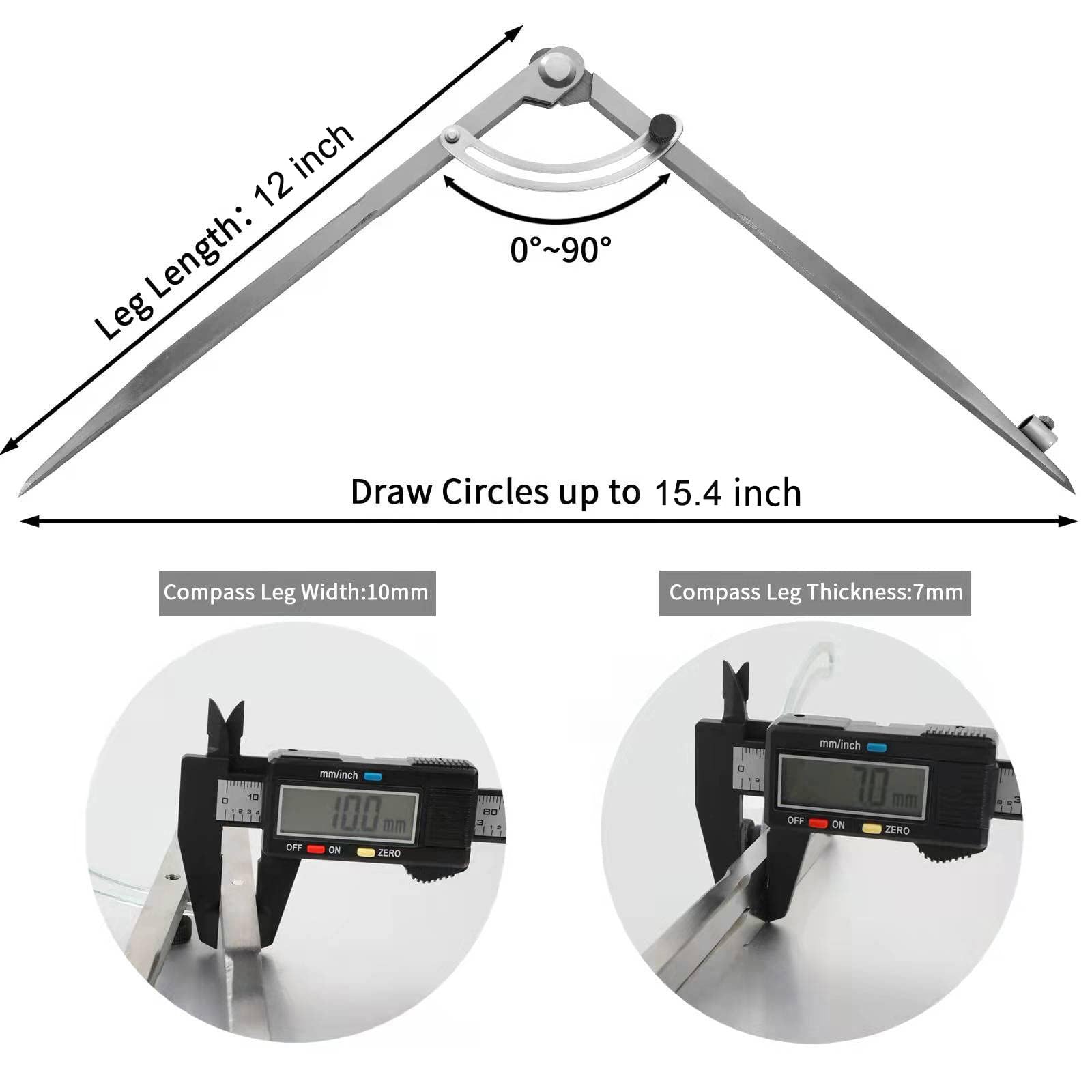 Bleistiftkompass 30,5 cm, Präzisions-Holzbearbeitungskompass mit Flügelteiler und Stifthalter, Metallkompass ideal für Geometrie-Zeichnen und technisches Zeichnen, Technik und mehr