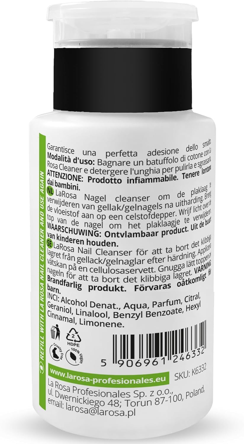 LaRosa Nail CLEANER 190 ml - wygodna butelka z pompką, płyn do odtłuszczania paznokci, hybryda, żel, akryl