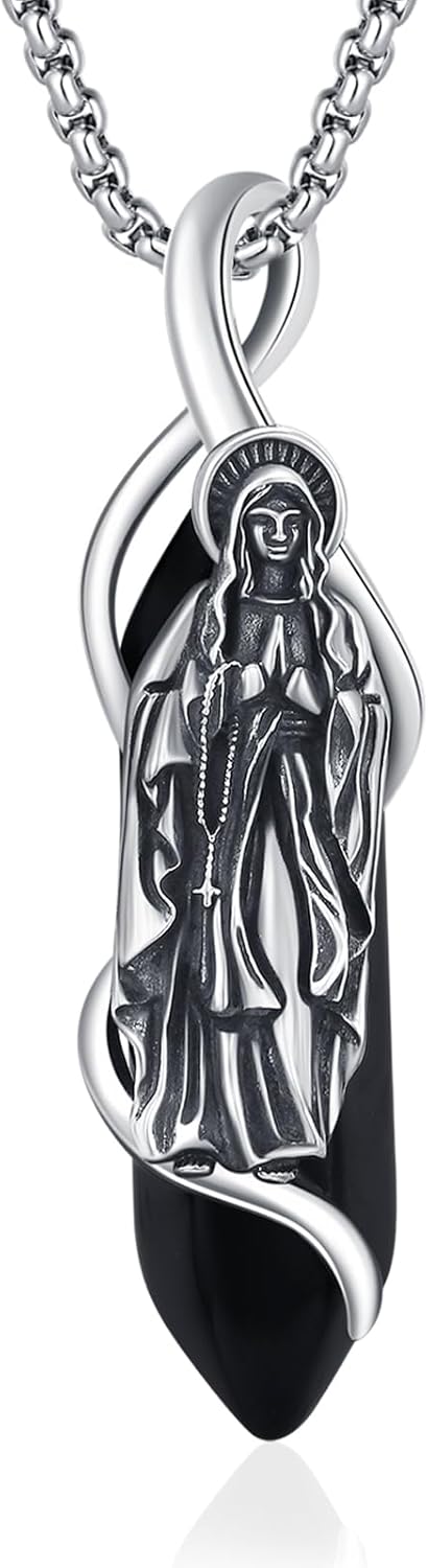 Miraculous Medal Virgin Mary Necklace for Women Men 925 Sterling Silver Virgen De Guadalupe Healing Crystal Pendant Mother Mary Virgencita Catholic Religious Amulet Charm Jewelry