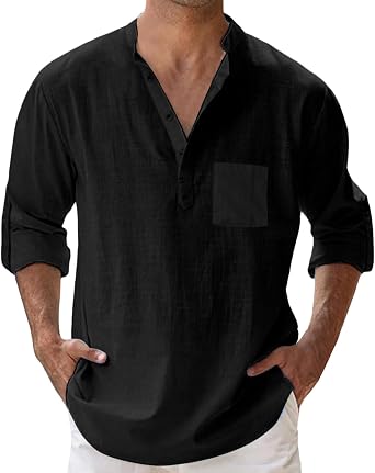 رجالي كتان قطن Henley قميص طويل الأكمام Hippie Casual Beach T Shirt Summer فضفاض خفيف الوزن الفرقة الياقة أعلى