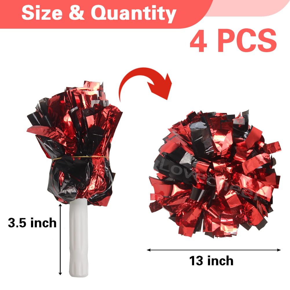 Creatiee Lot De 4 Pompons Métalliques Pour Enfants, 2 Paires De Pompons De Pom-pom Girl Pour Garçon Et Fille, école, Sport, Jeux D'équipe (rouge/blanc