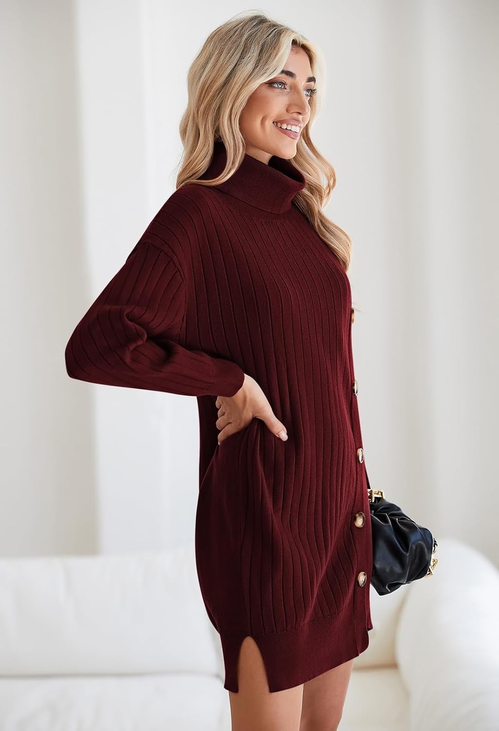 Pink Queen Women's Fall Winter Sweater Dress 2025 Loose Turtleneck Long Sleeve Cocktail Party Ribbed Knit Mini Dress Outfits - Image 3