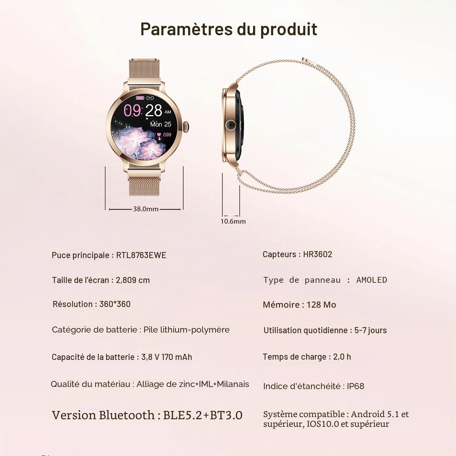 Montres Connectées Femme avec Tension Artérielle/Réponse aux Appels/Rythme Cardiaque/Pas/Sommeil/Multisports/Étanche IP68, Tracker Fitness 1,19" pour iOS Android (Argenté)