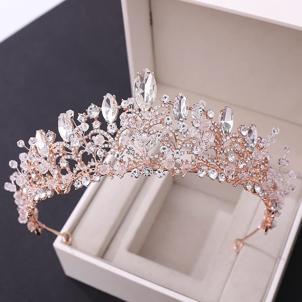 Diamentowa Tiara luksusowe różowe złoto kryształowe koraliki serce tiary ślubne korona duże Rhinestone korowód diadem opaska ślubne akcesoria do włosów