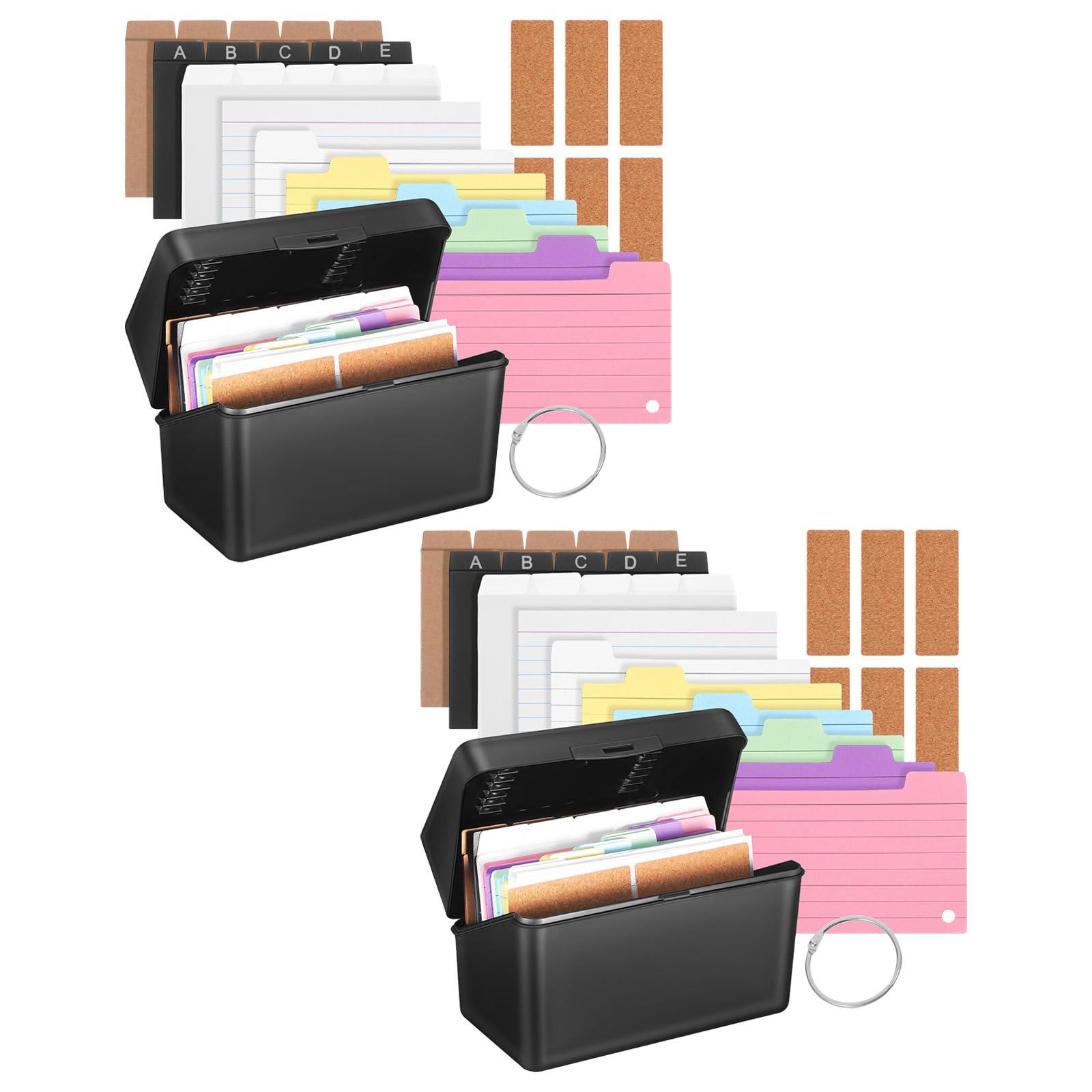 2 Sets Schwarze Karteikasten Box für Tisch mit Trennkarten und Aufklebern zur Übersichtlichen Aufbewahrung und Organisation von Lernkarten im Büro und Zuhause