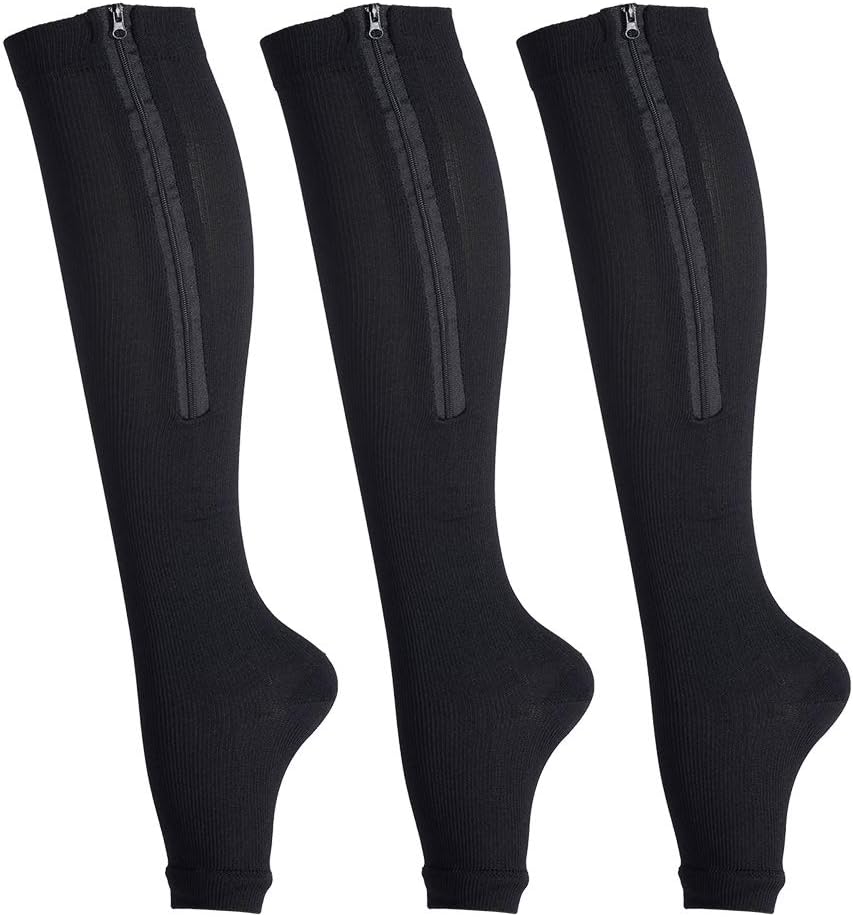 Zipper Compression Socks Toeless, Long Open Toe Pressure Knee High Stocking Support for Legs and Muscle