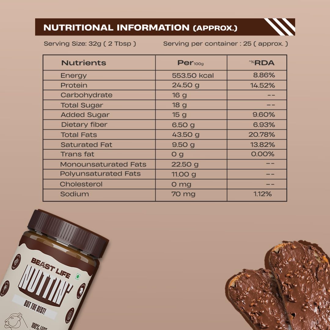 BeastLife Crunchy Chocolate Peanut Butter | 24.5 G Protein | 800 gm | 100% Peanuts, High Protein | Zero Palm Oil | Non‑GMO Nut Butter | Fitness-Friendly Spread | Zero Cholesterol 4