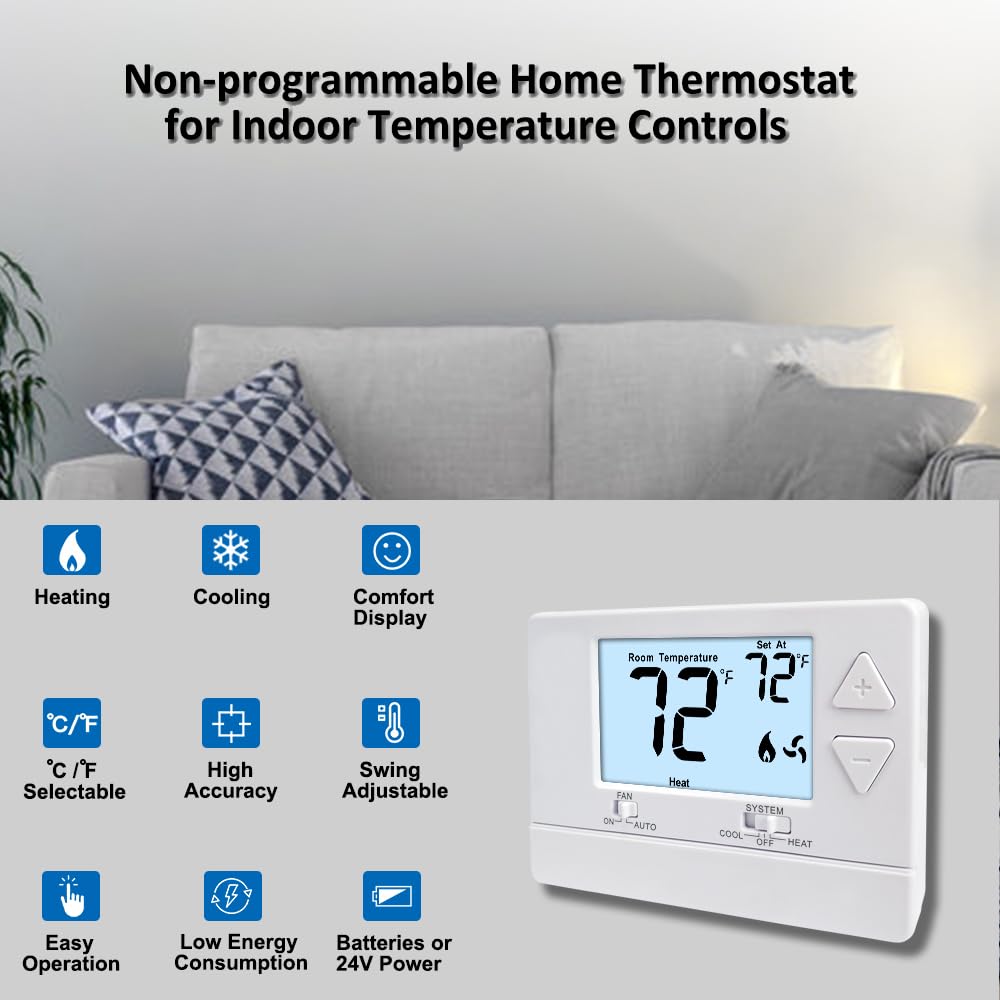 Termostato de pared no programable para sistemas domésticos de una sola etapa, 1 calor/1 frío, fácil bricolaje, retroiluminación blanca