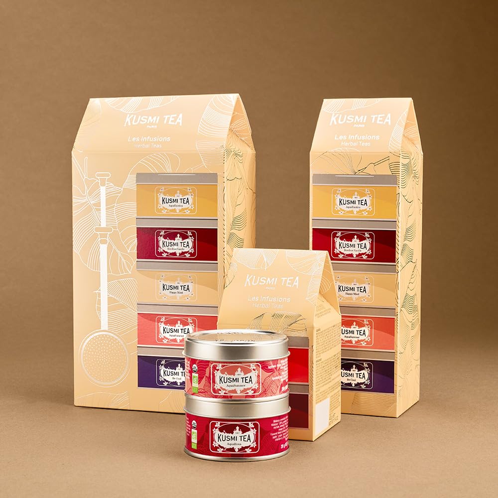 Kusmi Tea - Coffret "Les Infusions" + Pince à Thé - Assortiment de Thés Bio - Idée Cadeau Homme et Femme - Infusions, Tisanes Aromatisées, Rooibos - Notes de Fruits et d'Épices - 5 Boîtes de 25g