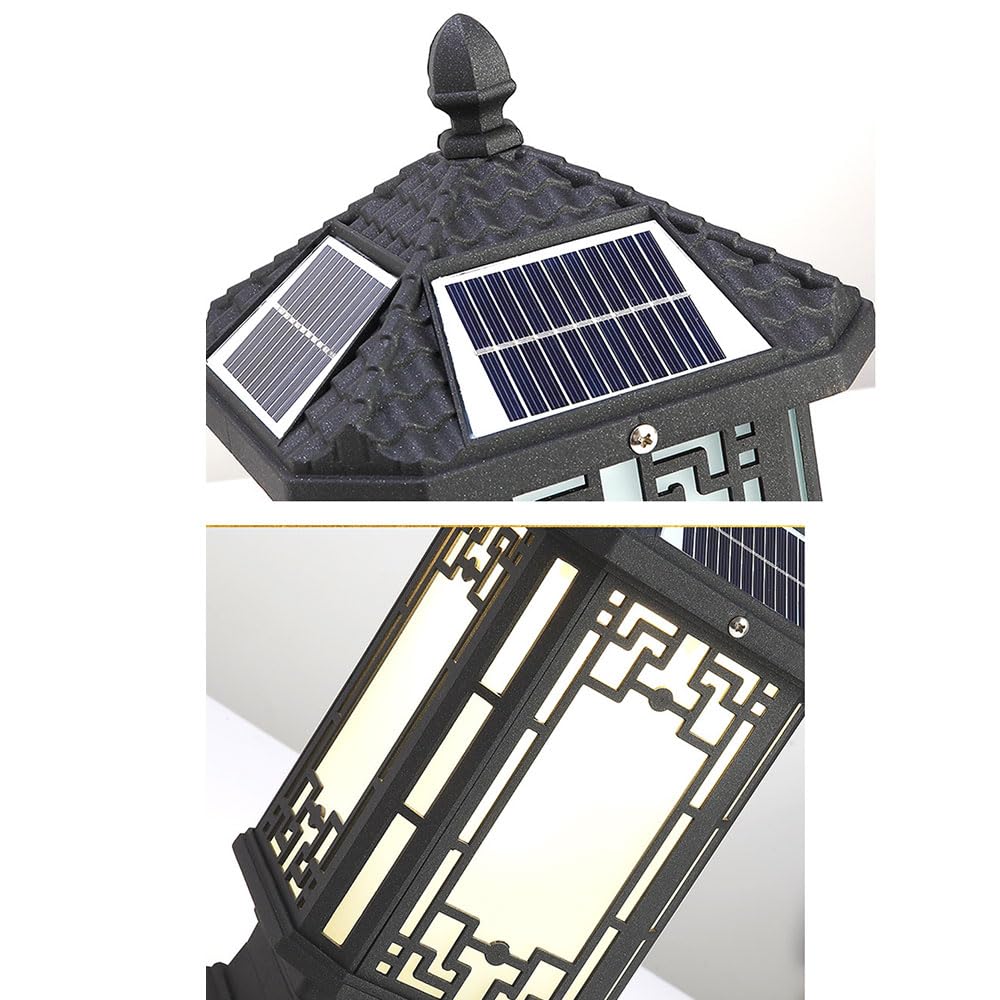 Zewnętrzna lampa solarna – aluminiowa lampa stojąca, latarnia zewnętrzna z podstawą montażową filaru 15 cm, oświetlenie zewnętrzne na werandzie, do ogrodu, na podwórko, patio