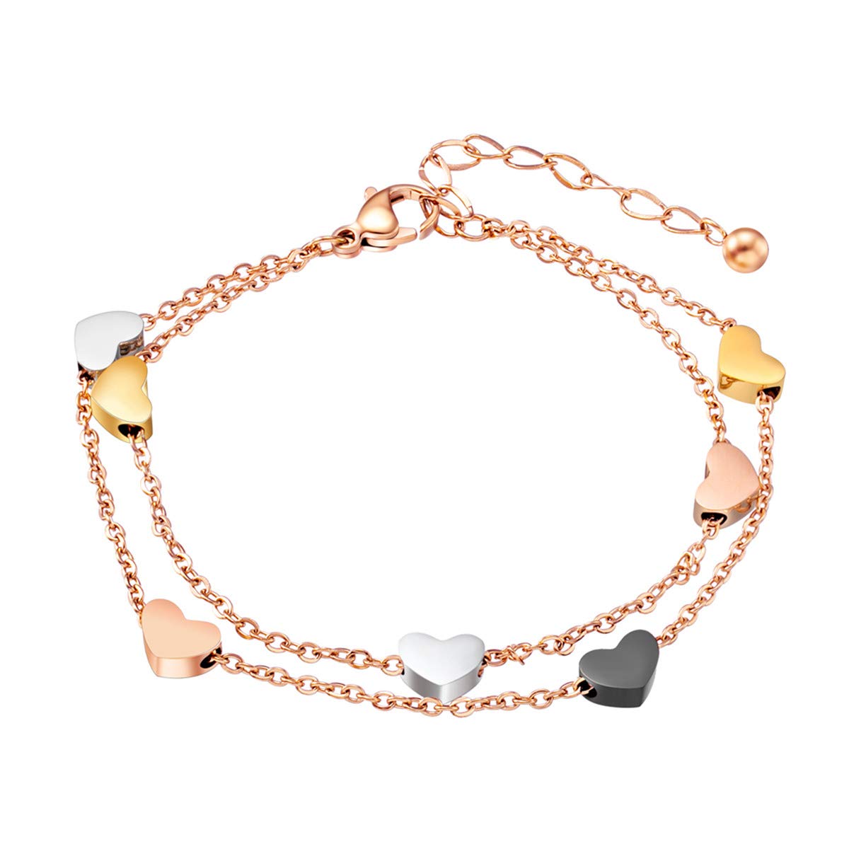 HaosellPulsera de oro rosa para mujer, con colgante de corazón, doble cadena, pulsera para mujeres y niñas, pulsera de la amistad, pulsera de la amistad, 16 5 cm, Acero inoxidable