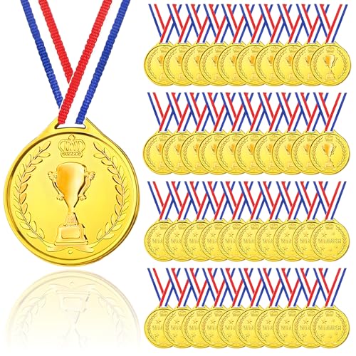 AYSYR Lot de 40 médailles en plastique doré avec collier ruban, médailles de récompense pour fête d'enfants, médailles de trophée – Médailles de jour...
