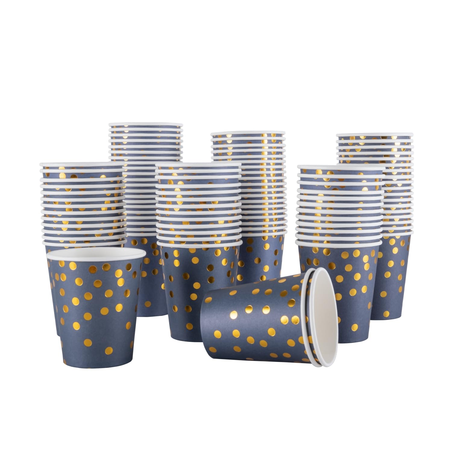 CEILIWEN 100-Pack 9oz (250ml) Navy Blue & Gold Foil Dot Party Cups, Elegant Royal Blue Paper Cups for Hot & Cold Beverages