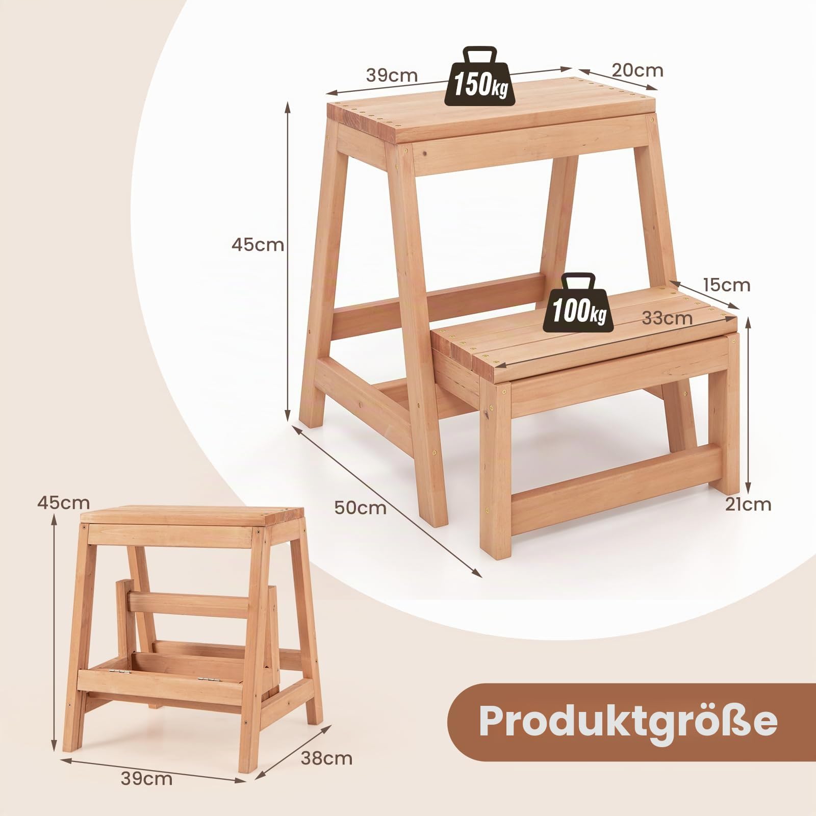 GIANTEX Klapptritt mit 2 Stufen, Tritthocker aus Tannenholz, Pflanzenständer aus Tannenholz, Klapphocker für Kinder, Erwachsene, maximale Belastung 250 kg, 50 x 39 x 45 cm, Natur