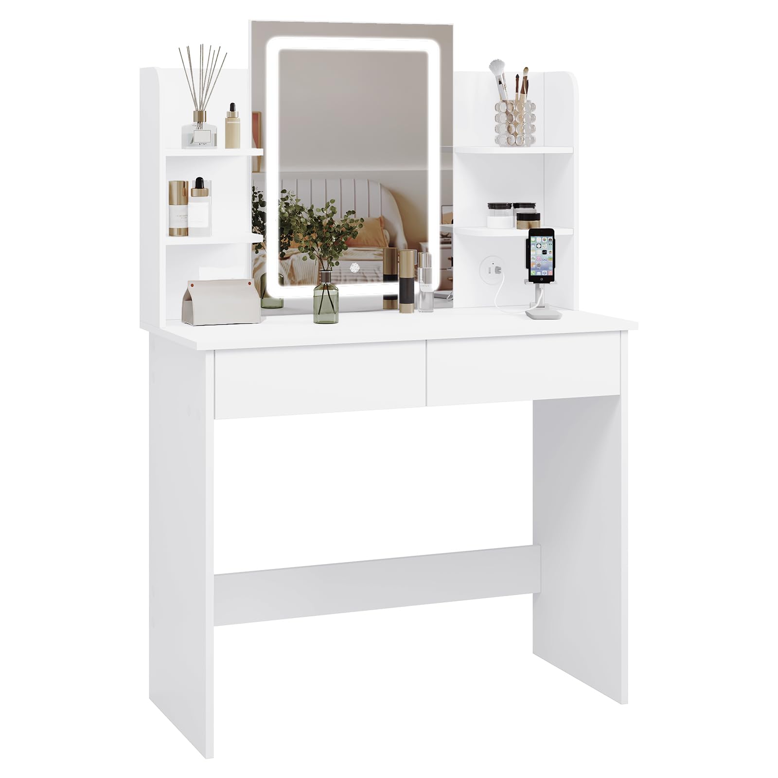 WOLTU MB6112ws Dressing Table with Mirror and Dimmable LED Light, with 2 USB Ports, 2 Drawers and 4 Shelves, White