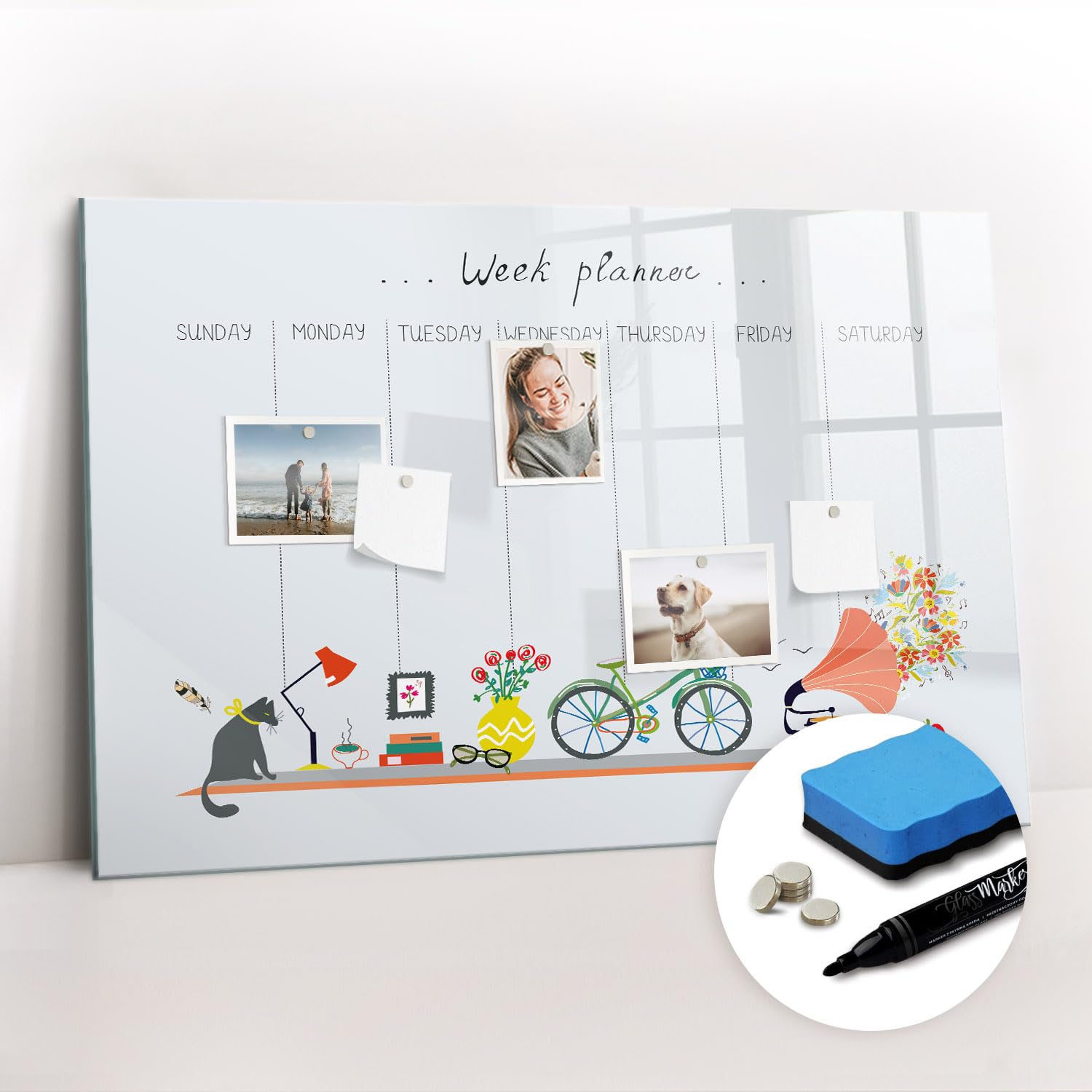 Lavagna in Vetro Magnetica con Accessori | Magneti Potenti, Pennarello e Gomma Inclusi | Ottima per Casa, Ufficio e Scuola - 90x60 - Agenda settimanale