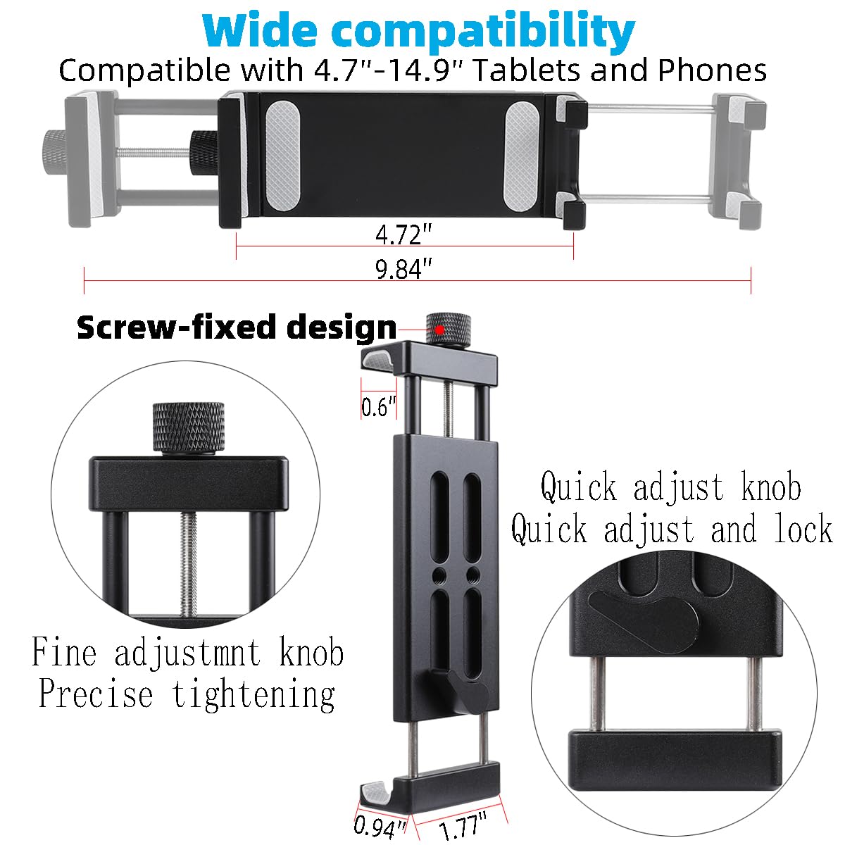 Soporte de aluminio de doble brazo para tablet con súper abrazadera para rieles de 0.5 a 2 pulgadas de diámetro, soporte lateral para tablet para soporte de micrófono, compatible con iPad Pro 12.9 Air